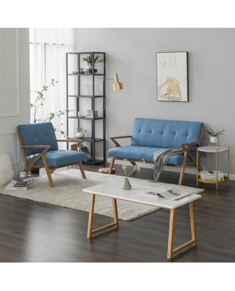 (126 x 85 x 82.5cm) Solid Wood K-type Retro Double Sofa Chair Light Blue