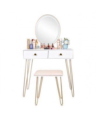 Bedroom Iron Dressing Table Simple Dressing Table Golden Iron Foot White Desktop With Light Three-Color Adjustable
