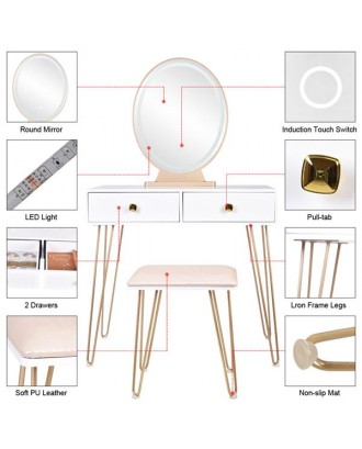 Bedroom Iron Dressing Table Simple Dressing Table Golden Iron Foot White Desktop With Light Three-Color Adjustable