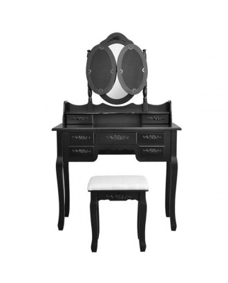 [US-W]Foldable 3 Mirrors with 7 Drawers Dressing Table Black