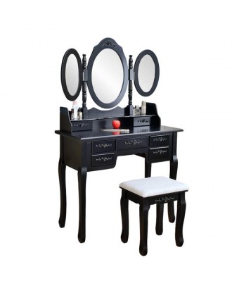 [US-W]Foldable 3 Mirrors with 7 Drawers Dressing Table Black