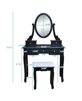 360° Rotation Single Mirror 5 Drawers Dressing Table Black
