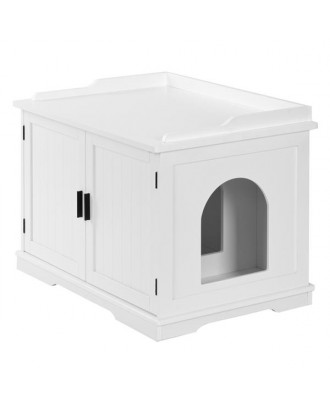 FCH Cat Litter Box Enclosure Cabinet, Large Wooden Indoor Storage Bench Furniture for Living Room, Bedroom, Bathroom, Side Table w/Pet Mat